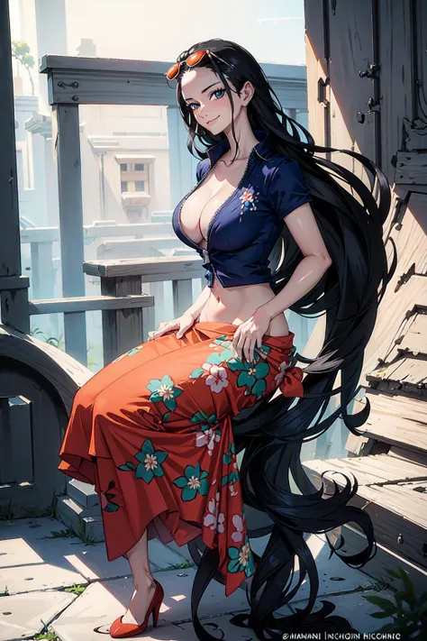 (((masterpiece))), hihgres, NicoRobin, 1girl, solo, long hair, looking at viewer, smile, blue eyes, skirt, large breasts, shirt, black hair, navel, cleavage, very long hair, closed mouth, collarbone, full body, short sleeves, midriff, high heels, crop top, sunglasses, blue shirt, eyewear on head, orange long skirt, railing, hair slicked back, partially unzipped, hands on side, <lora:NicoRobin:0.7>