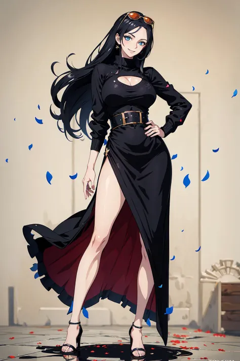 (((masterpiece))), NicoRobin, 1girl, solo, long hair, smile, blue eyes, black hair, dress, full body, high heels, sweater, hand on hip, legs, petals, sandals, sunglasses, eyewear on head, royal background, royal, palace, best background, unique, <lora:NicoRobin-10:0.5>