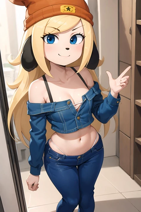 <lora:parappav1:0.6>, 1boy, underwear, blonde hair, panties, hat, pants, long hair, white panties, smile, navel, breasts, off shoulder, furry, black eyes, denim, furry female, eyes visible through hair, dog boy, crop top, midriff, jeans, shirt, holding, cleavage, blue pants, animal ears, looking at viewer, lowleg, tail, perfect hands, beanie