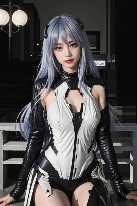 best quality, masterpiece, realistic, (photorealistic:1.4), 1girl, solo, full body, lacia costplay costume, sitting, looking at viewer, detailed background, outdoors, cyberpunk, night, neon lights, <lora:lacia_coslpay_costume_v1_ori:0.7>