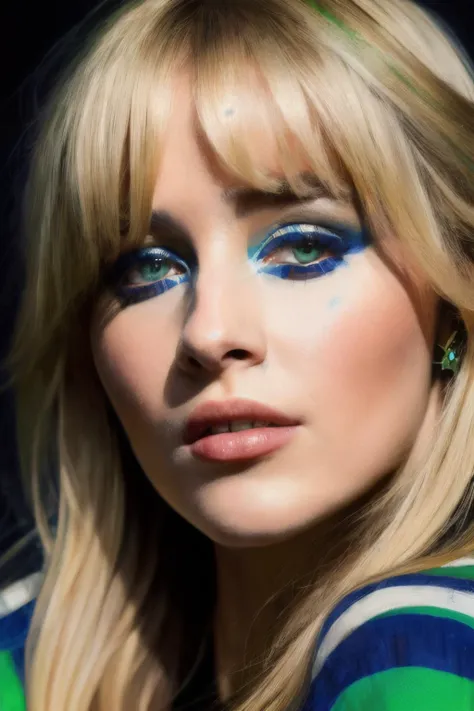 portrait photo of sbc,(blue and green striped shirt), (dirty blonde hair), alluring portrait, intricate, highly detailed, digital painting, artstation, concept art, naughty, sharp focus, cinematic lighting, illustration, art by artgerm and greg rutkowski, alphonse mucha, cgsociety,<lyco:SabrinaCarpenter-RealVision-V1.0:1.0>