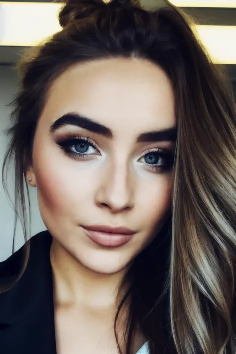Photograph, sbc, detailed face, skin texture, beautiful eyes, long hair, (hair up), office background, high detail, HD, ultra detailed, ultra realism, field of view, trending on 500px,<lyco:SabrinaCarpenter-RealVision-V1.0:1.0>