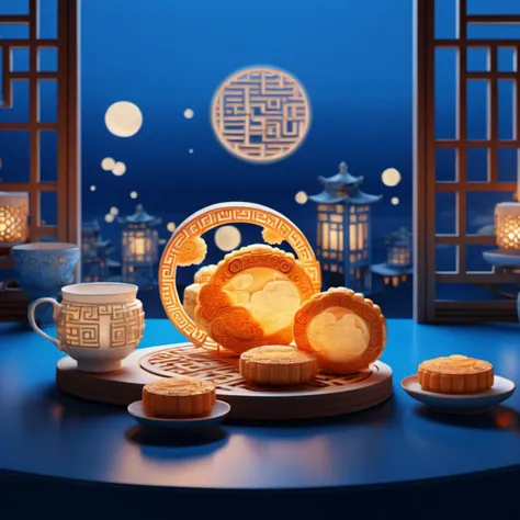 yb,no humans,teapot,night,window,blurry,scenery,architecture,east asian architecture,cup,bowl,sky,table,lattice,night sky,indoors,round window,food,teacup,tea,Moon,mooncakes, <lora:yuebing (1):0.8>