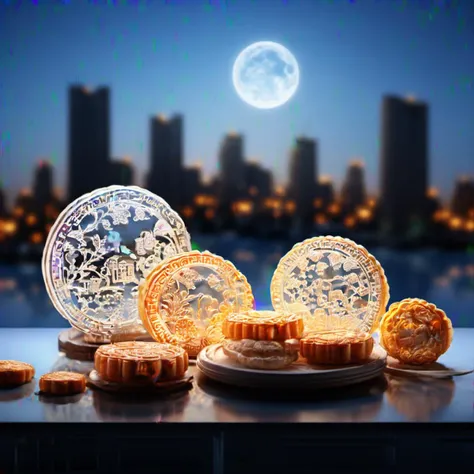 yb,no humans,blurry,food,blurry background,still life,table,sky,reflection,food focus,depth of field,scenery,plate,cup,restaurant,cityscape,outdoors,Moon,mooncakes,<lora:yuebing:0.8>,
