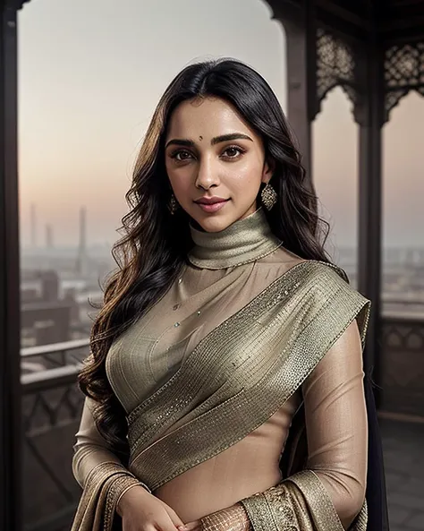 beautiful woman (Kiar44dv4n1-140:.99), beautiful hair, elegant, ( indian market:1.3) , hair blowing in wind, wind lift, natural skin texture, (wearing a sari with turtleneck:1.4), sunset, cute smile, 24mm, 4k textures, soft cinematic light, adobe lightroom, photolab, hdr, intricate, elegant, highly detailed, sharp focus, ((((cinematic look)))), soothing tones, insane details, intricate details, hyperdetailed, low contrast, soft cinematic light, exposure blend, hdr, faded,