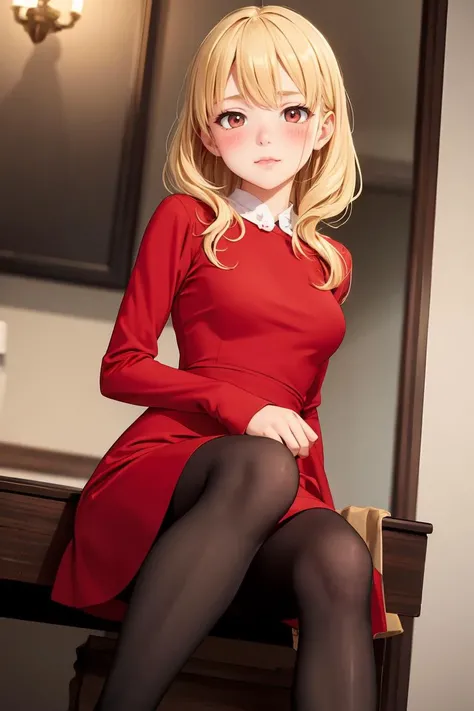 (masterpiece, best quality), 1girl, blonde hair, red dress, pantyhose, cute face, blush,