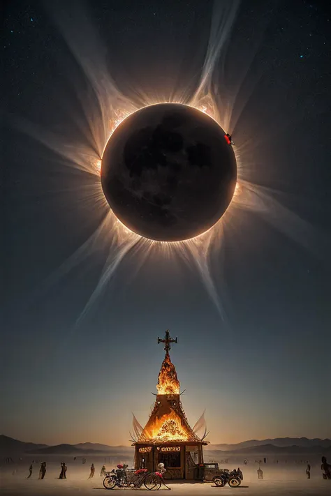 a RAW photograph of the (burning man festival:1.2),(slightly above view), during a (C0r0n4 eclipse:0.9)(rising high in the sky above),surrounded by bright solar corona,in a starry sky, dark at night,HDR,(wide angle shot:1.2),sharp focus,(highly detailed),(8k wallpaper),intricately detailed,highres,absurdres,hyper realistic,8K UHD DSLR,Fujifilm XT3,35mm film,extremely intricate,4k textures,cinematic look),hyperdetailed,<lora:C0r0n4_06A-000002:0.7>,