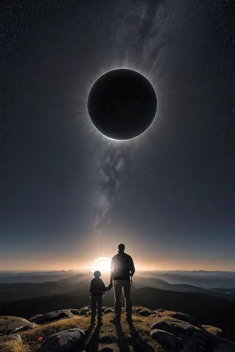 a RAW photograph of the silhouette of a (father hiking his young son:1.2), standing at (the top of a hill:1.1),staring at a (C0r0n4 eclipse:0.9)(rising high in the sky above),surrounded by bright solar corona,in a starry sky, dark at night,HDR,(wide angle shot:1.2),sharp focus,(highly detailed),(8k wallpaper),intricately detailed,highres,absurdres,hyper realistic,8K UHD DSLR,IMAX,extremely intricate,4k textures,cinematic look),hyperdetailed,<lora:C0r0n4_06A-000002:0.7>,