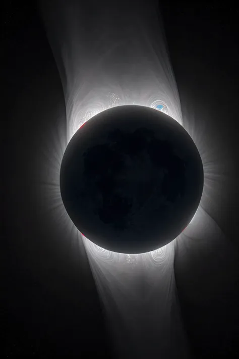 a RAW photograph of an (C0r0n4 eclipse:0.9)surrounded by bright solar corona,in vast empty outer space,HDR,(wide angle shot:1.2),sharp focus,(highly detailed),(8k wallpaper),intricately detailed,highres,absurdres,hyper realistic,8K UHD DSLR,IMAX,extremely intricate,4k textures,cinematic look),hyperdetailed,<lora:C0r0n4_06A-000002:0.7>,