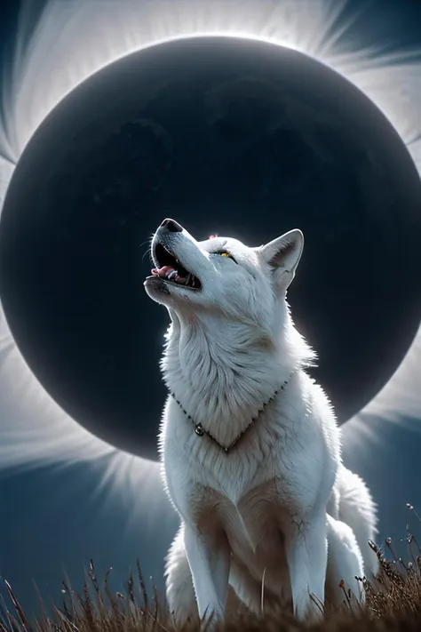 a RAW photograph of a (white wolf howling:1.1),standing on a hill, with a (C0r0n4 eclipse:0.9) (rising high in the sky above),surrounded by bright solar corona,HDR,(wide angle shot),sharp focus,(highly detailed),(8k wallpaper),intricately detailed,highres,absurdres,hyper realistic,8K UHD DSLR,Fujifilm XT3,35mm film,extremely intricate,4k textures,cinematic look),hyperdetailed,<lora:C0r0n4_06A-000002:0.7>,