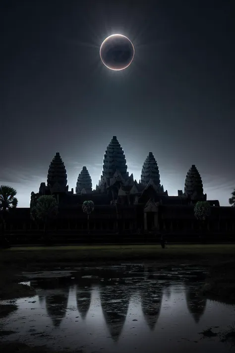 RAW photograph of a (angkor wat) at night,with a (C0r0n4 eclipse:0.9) (rising high in the sky above),surrounded by bright solar corona,HDR,(wide angle shot),sharp focus,(highly detailed),(8k wallpaper),intricately detailed,highres,absurdres,hyper realistic,8K UHD DSLR,IMAX,extremely intricate,4k textures,cinematic look),hyperdetailed,<lora:C0r0n4_06A-000002:0.7>,