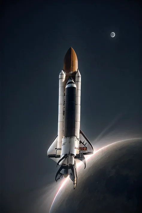 a RAW photograph of the (Space Shuttle:1.2) orbiting a (C0r0n4 eclipse:0.9) moon surrounded by bright solar corona,(in the background),in space,HDR,(wide angle shot:1.2),sharp focus,(highly detailed),(8k wallpaper),intricately detailed,highres,absurdres,hyper realistic,8K UHD DSLR,IMAX,extremely intricate,4k textures,cinematic look),hyperdetailed,<lora:C0r0n4_06A-000002:0.7>,