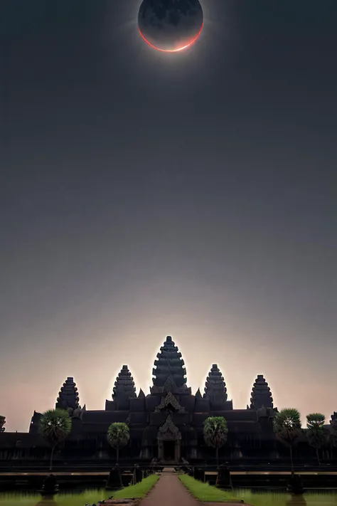 RAW photograph of a (angkor wat) at night,with a (C0r0n4 eclipse:0.9) (rising high in the sky above),surrounded by bright solar corona,HDR,(wide angle shot),sharp focus,(highly detailed),(8k wallpaper),intricately detailed,highres,absurdres,hyper realistic,8K UHD DSLR,IMAX,extremely intricate,4k textures,cinematic look),hyperdetailed,<lora:C0r0n4_06A-000002:0.7>,