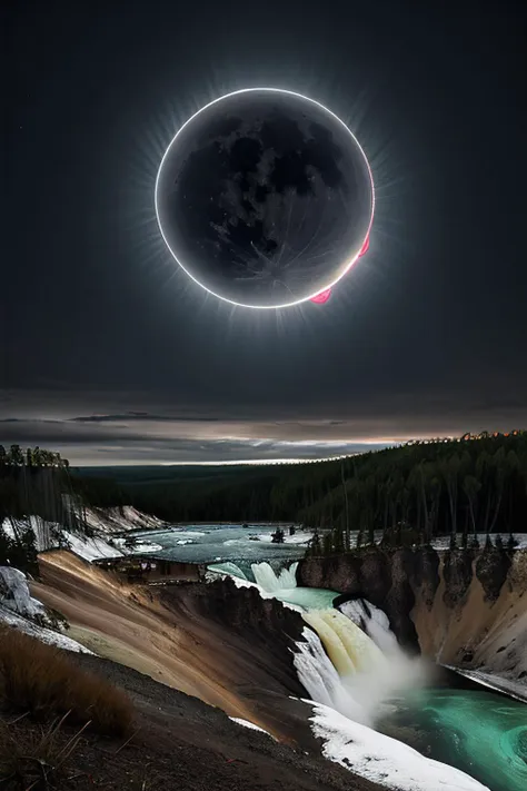 RAW photograph of a (Yellowstone) at night,with a (C0r0n4 eclipse:0.9) (rising high in the sky above),surrounded by bright solar corona,HDR,(wide angle shot),sharp focus,(highly detailed),(8k wallpaper),intricately detailed,highres,absurdres,hyper realistic,8K UHD DSLR,Fujifilm XT3,35mm film,extremely intricate,4k textures,cinematic look),hyperdetailed,<lora:C0r0n4_06A-000002:0.7>,