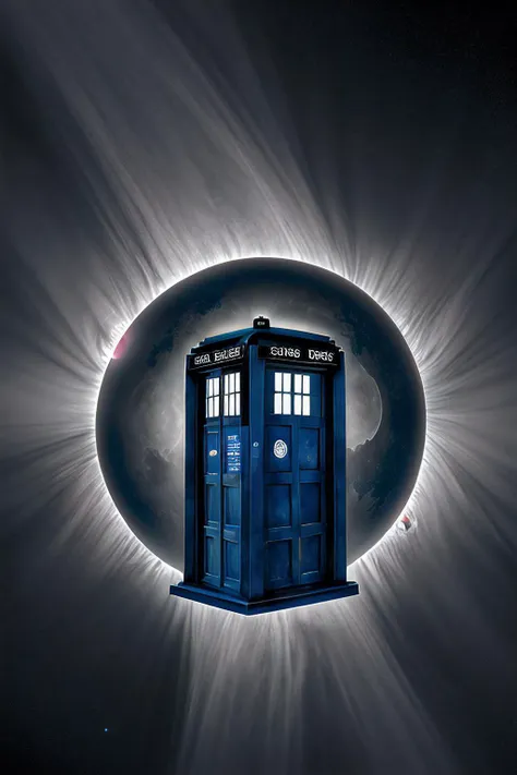 a RAW photograph of the (TARDIS:1.2) orbiting a (C0r0n4 eclipse:0.9) moon surrounded by bright solar corona,(in the background),in space,HDR,(wide angle shot:1.2),sharp focus,(highly detailed),(8k wallpaper),intricately detailed,highres,absurdres,hyper realistic,8K UHD DSLR,IMAX,extremely intricate,4k textures,cinematic look),hyperdetailed,<lora:C0r0n4_06A-000002:0.7>,