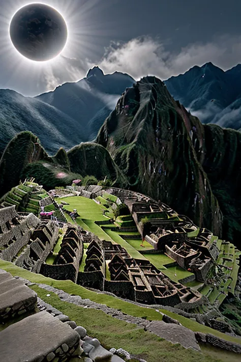 RAW photograph of a (machu picchu) at night,with a (C0r0n4 eclipse:0.9) (rising high in the sky above),surrounded by bright solar corona,HDR,(wide angle shot),sharp focus,(highly detailed),(8k wallpaper),intricately detailed,highres,absurdres,hyper realistic,8K UHD DSLR,IMAX,extremely intricate,4k textures,cinematic look),hyperdetailed,<lora:C0r0n4_06A-000002:0.7>,