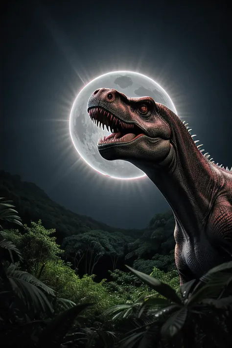 RAW photograph of a (tyrannosaurus dinosaur) in a jungle at night,with a (C0r0n4 eclipse:0.9) (rising high in the sky above),surrounded by bright solar corona,HDR,(wide angle shot),sharp focus,(highly detailed),(8k wallpaper),intricately detailed,highres,absurdres,hyper realistic,8K UHD DSLR,Fujifilm XT3,35mm film,extremely intricate,4k textures,cinematic look),hyperdetailed,<lora:C0r0n4_06A-000002:0.7>,