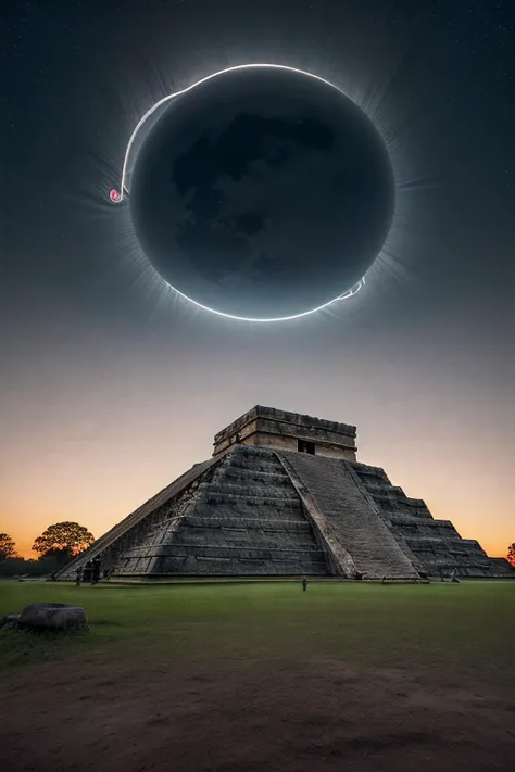 RAW photograph of a (El Caracol Chichen Itza) at night,with a (C0r0n4 eclipse:0.9) (rising high in the sky above),surrounded by bright solar corona,HDR,(wide angle shot),sharp focus,(highly detailed),(8k wallpaper),intricately detailed,highres,absurdres,hyper realistic,8K UHD DSLR,IMAX,extremely intricate,4k textures,cinematic look),hyperdetailed,<lora:C0r0n4_06A-000002:0.7>,