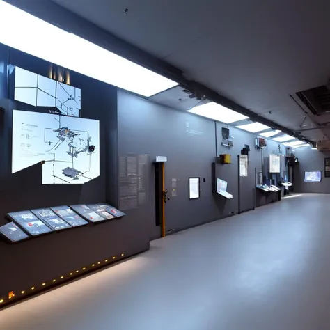 Museum, exhibition hall, one-point perspective space, huge space, dreamy, halo, technological space (mechanical ceiling: 1.4), pure space, minimalist design, pure ceiling, (clean ceiling:1.2), wooden floor, construction wall, (many showcases on the ground), showcases In the glow, a lot of (screen displays:1.2) on the wall with factory production instructions, illustrating engineering drawings, high quality, highest quality, 4k, 8k, professional lighting