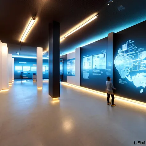 A minimalist science and technology museum, an exhibition hall, with a huge screen hanging on the wall, emitting blue light, a map is displayed on the screen, the pillars are mechanical, there are many metal glass cabinets in the picture, and there are many exhibit jewelry in the cabinets , professional lighting focused on the glass showcase, dazzling, wooden floor, mechanical ceiling, pipe ceiling, professional lighting, excellent quality, extremely high details, best quality, 4k, 8k, fuji