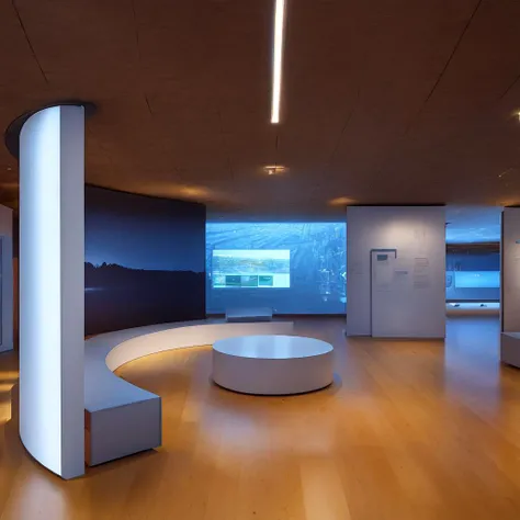 Museum, exhibition hall, one-point perspective space, huge space, dreamy, halo, technological space (mechanical ceiling: 1.4), pure space, minimalist design, pure ceiling, (clean ceiling:1.2), wooden floor, construction wall, (many showcases on the ground), showcases In the glow, a lot of (screen displays:1.2) on the wall illustrating engineering drawings, high quality, highest quality, 4k, 8k, professional lighting
