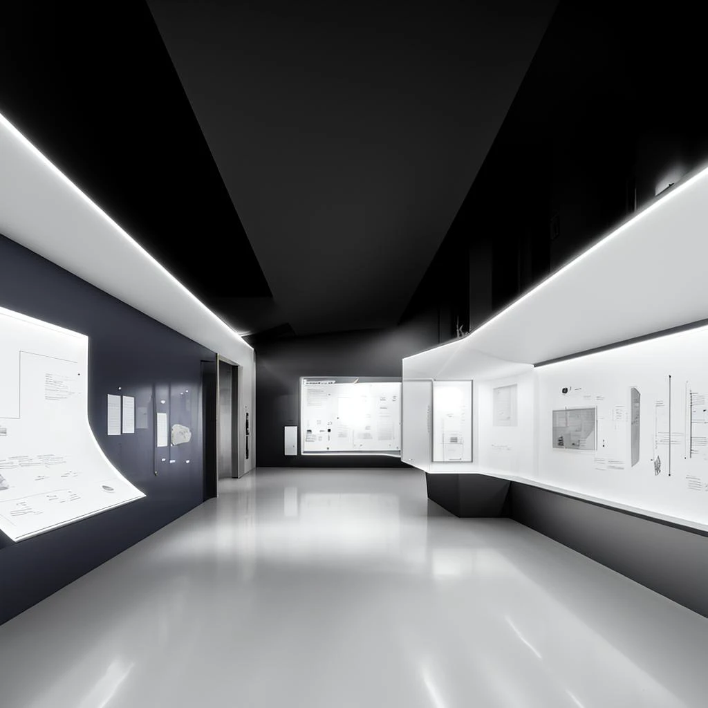 Museums, exhibition halls, one-point perspective space, huge space, space with a sense of technology (ceiling with mechanical sense: 1.4), pure space, minimalist design, (there are many showcases on the ground), the showcases are shining, and there are many on the wall Screen with a map on it, high quality, highest quality, 4k, 8k, professional lighting