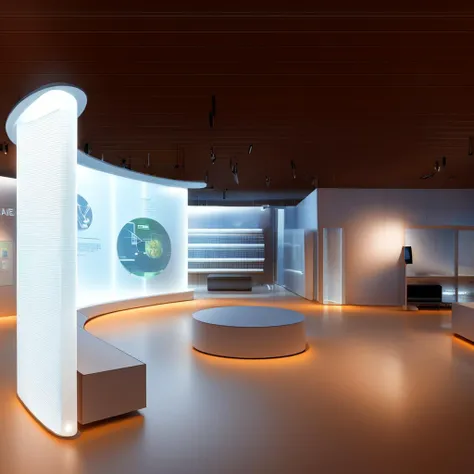 Museum, exhibition hall, one-point perspective space, huge space, dreamy, halo, technological space (mechanical ceiling: 1.4), pure space, minimalist design, pure ceiling, (clean ceiling:1.2), wooden floor, construction wall, (many showcases on the ground), showcases In the glow, a lot of (screen displays:1.2) on the wall illustrating engineering drawings, high quality, highest quality, 4k, 8k, professional lighting