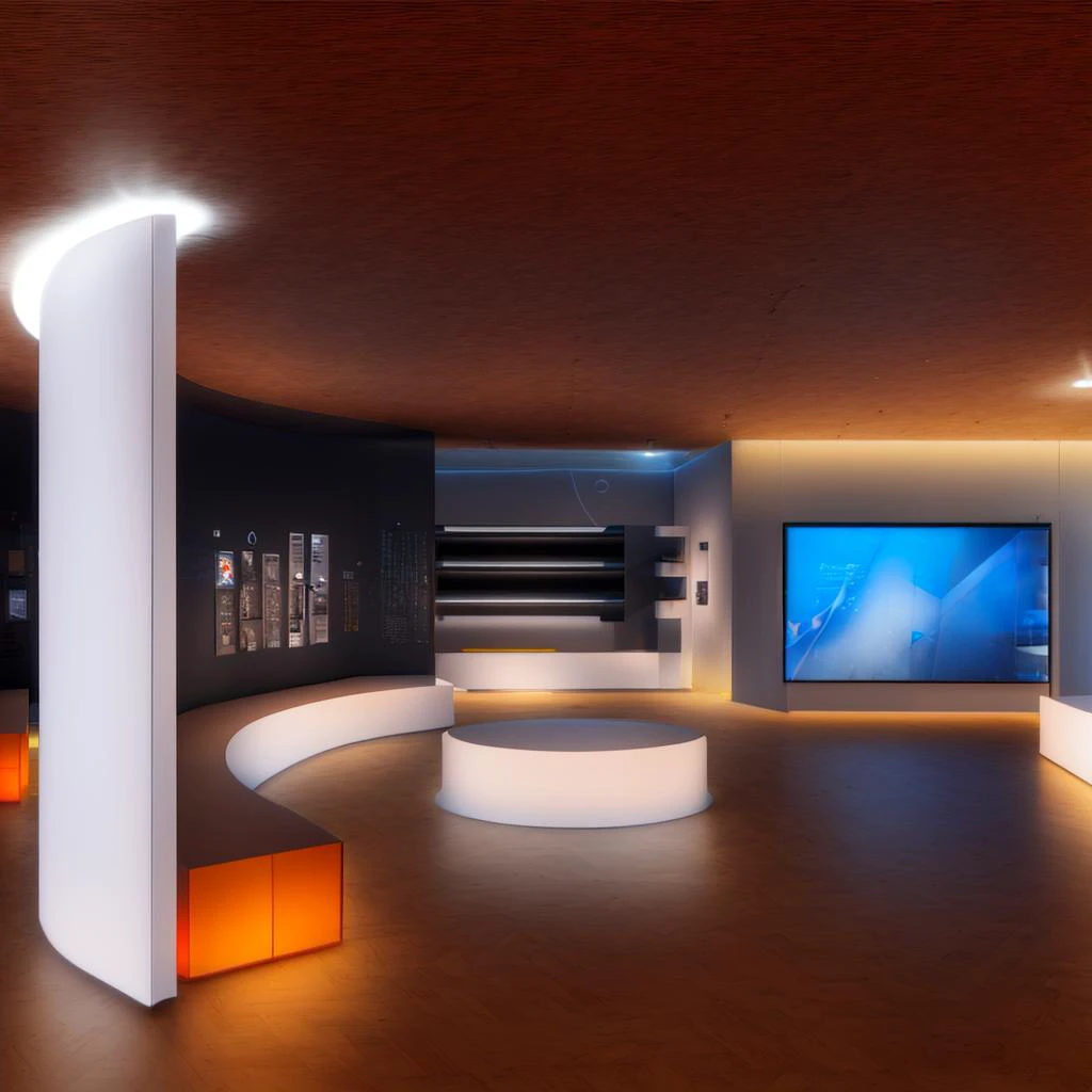 Museum, exhibition hall, one-point perspective space, huge space, dreamy, halo, technological space (mechanical ceiling: 1.4), pure space, minimalist design, pure ceiling, (clean ceiling:1.2), wooden floor, construction wall, (many showcases on the ground), showcases In the glow, a lot of (screen displays:1.2) on the wall illustrating engineering drawings, high quality, highest quality, 4k, 8k, professional lighting