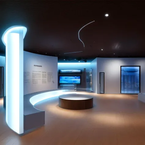 Museum, exhibition hall, one-point perspective space, huge space, dreamy, halo, technological space (mechanical ceiling: 1.4), pure space, minimalist design, pure ceiling, (clean ceiling:1.2), wooden floor, construction wall, (many showcases on the ground), showcases In the glow, a lot of (screen displays:1.2) on the wall illustrating engineering drawings, high quality, highest quality, 4k, 8k, professional lighting