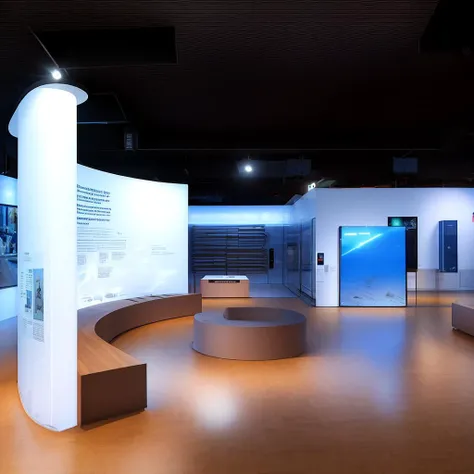 Museum, exhibition hall, one-point perspective space, huge space, dreamy, halo, technological space (mechanical ceiling: 1.4), pure space, minimalist design, pure ceiling, (clean ceiling:1.2), wooden floor, construction wall, (many showcases on the ground), showcases In the glow, a lot of (screen displays:1.2) on the wall illustrating engineering drawings, high quality, highest quality, 4k, 8k, professional lighting