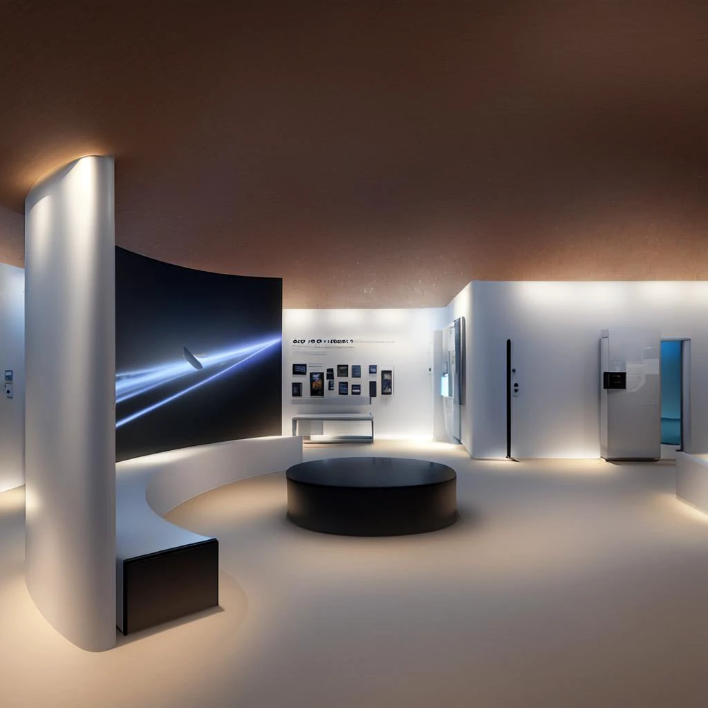 Museum, exhibition hall, one-point perspective space, huge space, dreamy, halo, technological space (mechanical ceiling: 1.4), pure space, minimalist design, pure ceiling, (clean ceiling:1.2), wooden floor, construction wall, (many showcases on the ground), showcases In the glow, a lot of (screen displays:1.2) on the wall illustrating engineering drawings, high quality, highest quality, 4k, 8k, professional lighting