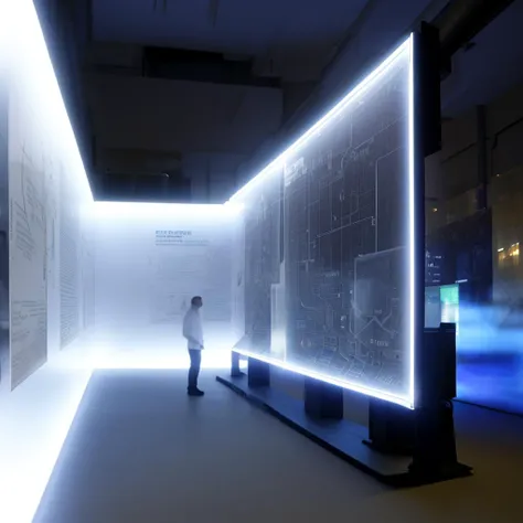 Science and technology exhibition hall, science and technology museum, there are many LED display screens on the wall, there is a huge luminous cabinet in the middle of the picture, black floor, reflective floor, human silhouette, professional lighting focuses on the showcase, tourists are watching these exhibits, there are Lots of graphic design, advertising design, ethereal space, minimalist look, high quality, highest quality, 4k, 8k, professional lighting