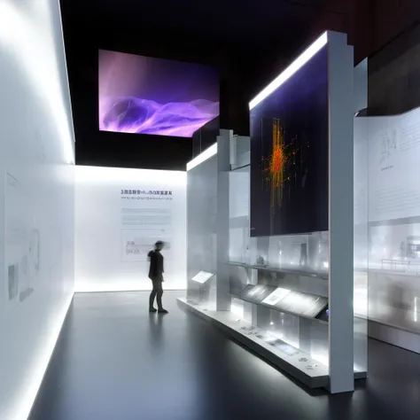 Science and technology exhibition hall, science and technology museum, there are many LED display screens on the wall, there is a huge luminous cabinet in the middle of the picture, black floor, reflective floor, human silhouette, professional lighting focuses on the showcase, tourists are watching these exhibits, there are Lots of graphic design, advertising design, ethereal space, minimalist look, high quality, highest quality, 4k, 8k, professional lighting