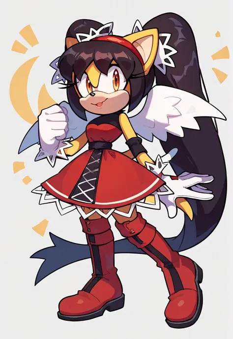 score_9, score_8_up, 2D, flat color, a plain white background with nothing in it, looking at viewer, 1girl, very detailed, extremely detailed, honey the cat from the sonic the hedgehog series, standing, full body, wide hips, narrow waist, curvy, red dress, frilly hair ties, red hairband, red boots, fists up together in a fighting stance, small angel wings <lora:Smooth Anime 2 Style SDXL_LoRA_Pony Diffusion V6 XL:1> <lora:HoneySDXL:0.70>