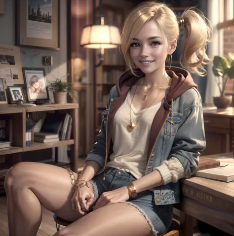 grainy, extremely detailed, photorealism, high quality, natural lighting,
BREAK
girl, necklace, side ponytail, slight smile, slightly open mouth, gold necklace, hoodie, blond hair
BREAK
blurry, blurry background, blurry foreground, depth of field, necklace, jewelry, 1girl, motion blur, photo \(medium\), denim, indoors, blonde hair, solo, looking at viewer, sitting, hood, bokeh, shorts, bookshelf, smile, hood down, focused, photo background, hoodie, stool, 3d, pendant, medium breasts, teeth, chromatic aberration, realistic, chair, book, denim shorts, desk