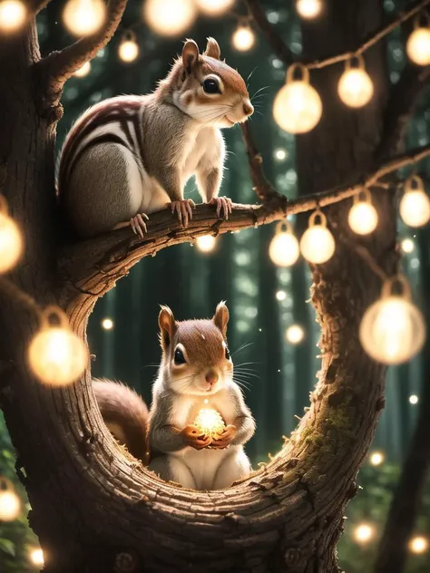 close up photo of a squirrel in an enchanted forest, pinecone, ((tree hole)), nighttime, fireflies, volumetric fog, halation, bloom, dramatic atmosphere, centred, rule of thirds, 200mm 1.4f macro shot, masterpiece, best quality, 8K, photorealistic, wallpaper