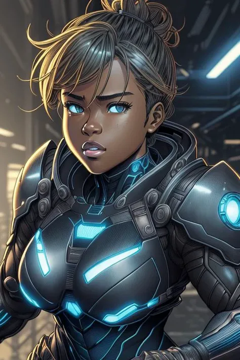 DEN_MelkorMancin_Artsyle, futuristic, cyborg armor, industrial zone, female, women, mechanical, wires, lights, details, chrome, reflective glass, glow, art style, photorealistic, (pencil line shading:1.3), (drawing:1.2), masterpiece, intricate, high detail, detailed face,