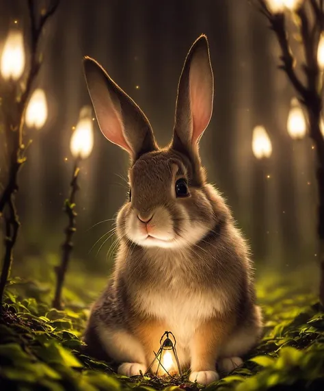 close up photo of a rabbit in an enchanted forest, nighttime, fireflies, volumetric fog, halation, bloom, dramatic atmosphere, centred, rule of thirds, 200mm 1.4f macro shot