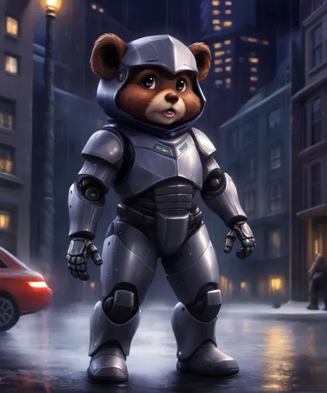 wicket, ewok, full body portrait, male, hood, young, short legs, short arms, cute, adorable, very fluffy, fur tufts, (standing wearing futuristic robocop metal armor), <lora:Wicket:0.4>
BREAK, masterpiece, best quality, realistic, twilight, nightime, outside, downtown, buildings, rain, by thomas kinkade