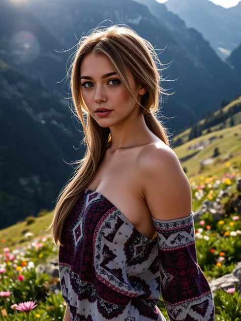 a beautiful scandinavian girl posing in the mountains, the sun is shining, the grass is green and flowers are everywhere, she is wearing a patterned colorful top that shows sideboob