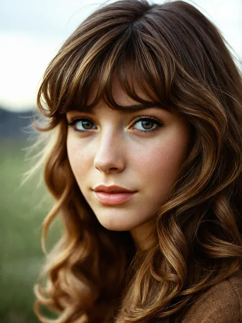 realistic portrait photo of a beautiful 70s girl with half long brown wavy (slightly curly) hair, 1970 look with bangs