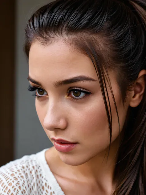 close up of a beautiful brunette with a ponytail