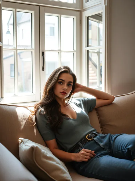 portrait of a cute woman wearing casual clothes, relaxing on a sofa, hard light casting hard interesting shadows coming from a classic french window