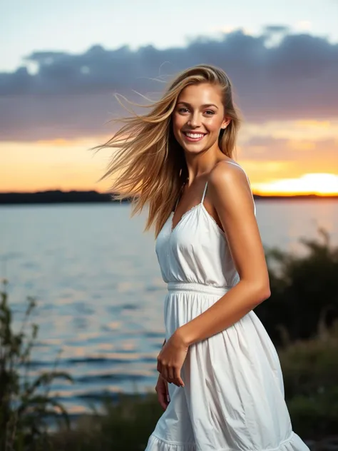 beautiful blonde with wild hair in a white summer dress walking by a lake by sunset, smiling to camera