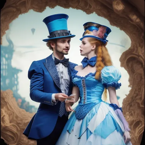 realistic photo of Alice in a decorated dress and a crazy hatter, Alice in Diffusion land