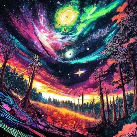 anime drawing of  forest   space,  intricate, vivid colors