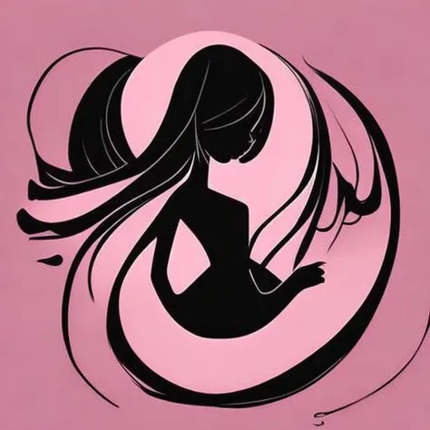 conceptual art, shape of a girl made of black figments, on a pink background