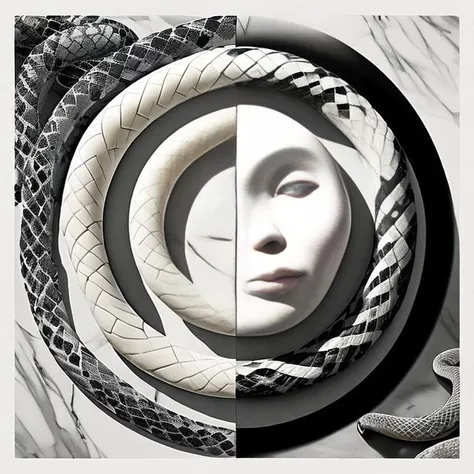 a face of marble, circled y a snake of marble, abstract