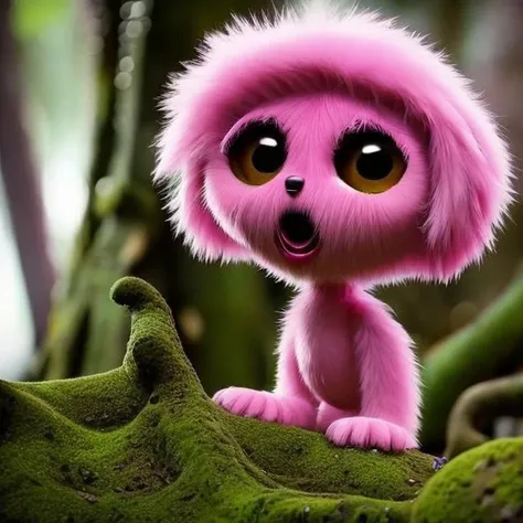 a cute fluffy creature, pink fur, big eyes, macro photo in a forest