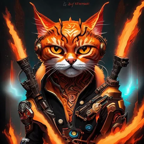 conceptual painting of  fire   cat,  cyberpunk, elemental